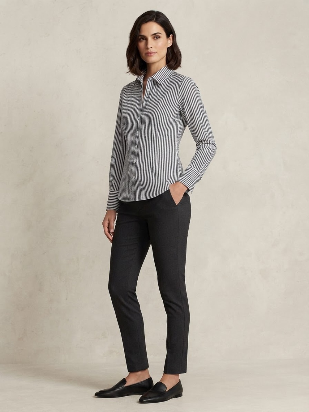CABI Gray White Striped Long Sleeve Button Down Tailored Shirt Size M
